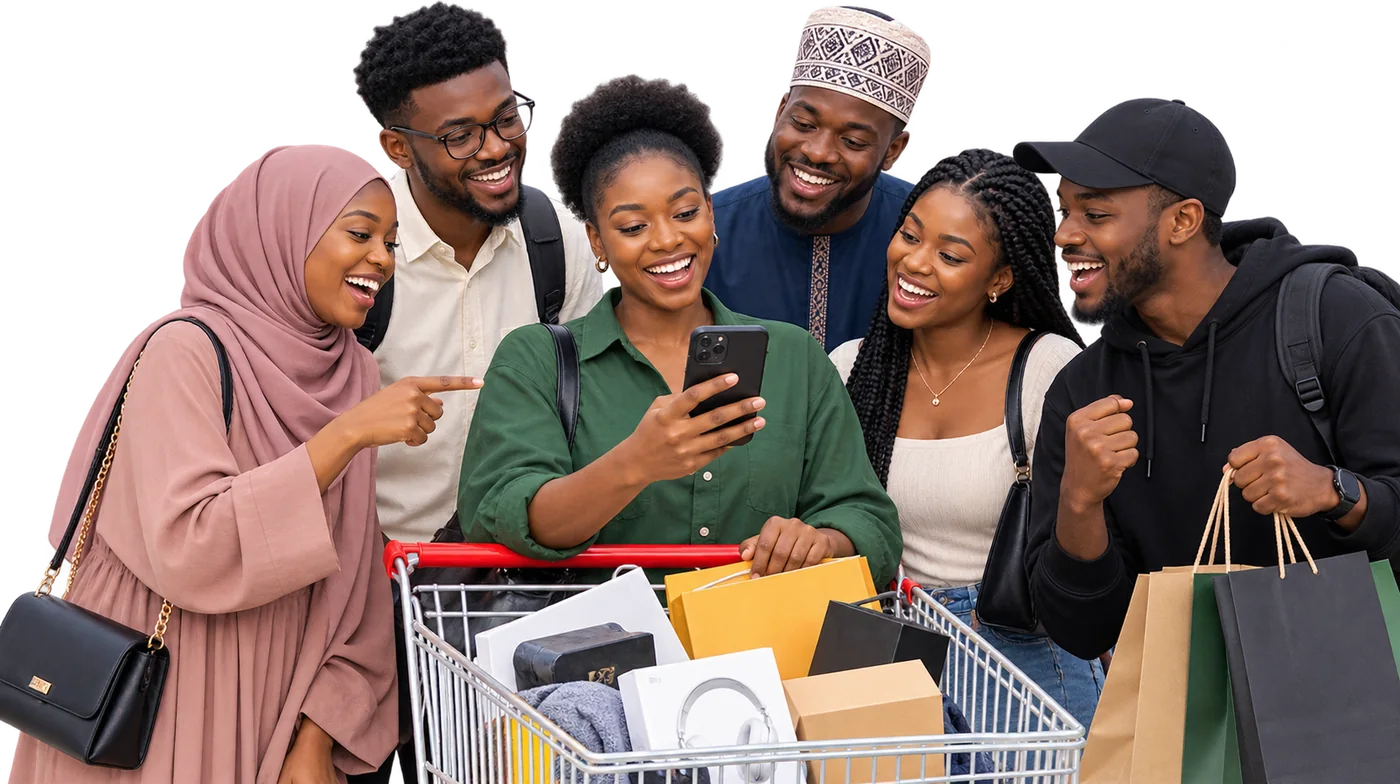 Friends celebrating a group deal with a full shopping trolley